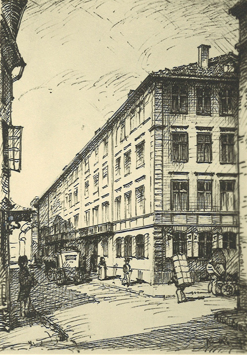 Zeichnung eines Gebäudes an der Vadianstrasse in St.Gallen (ehem. Christian Fischbacher)